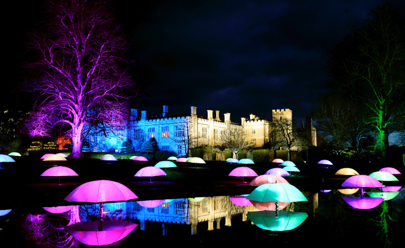 Sudeley Castle - Spectacle of light - Christmas lights in foreground, Sudeley castle in background
